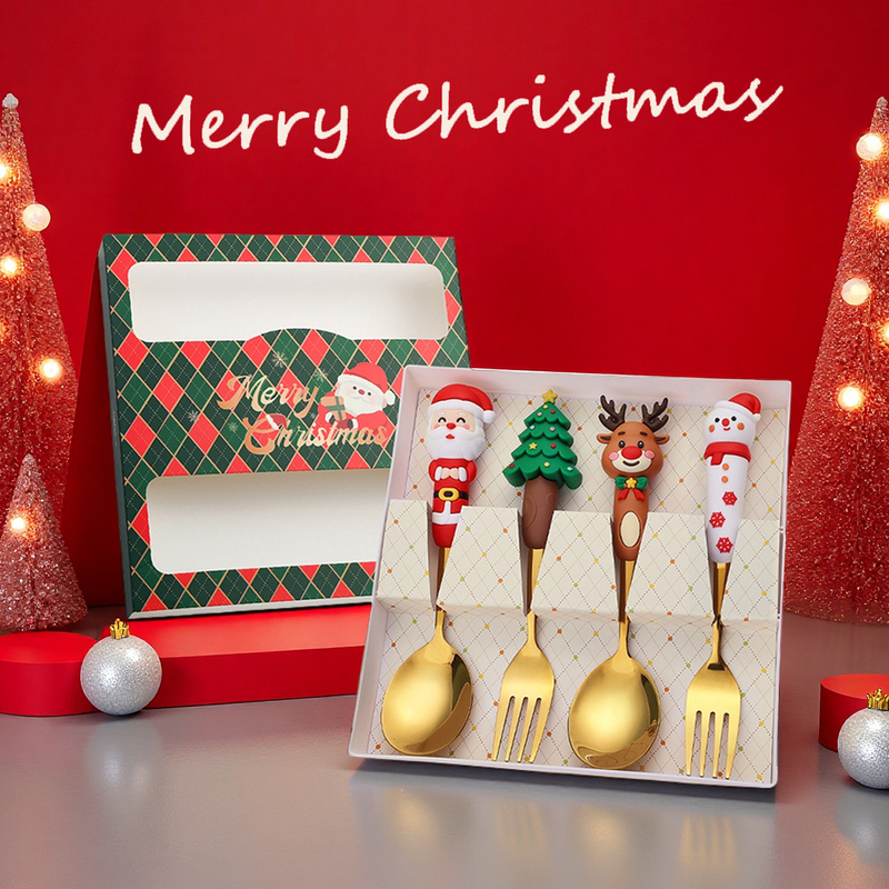 Christmas Dessert Spoon and Fork Cutlery Gift Box Exquisite Set Kindergarten New Year Small Gift Souvenir Gift