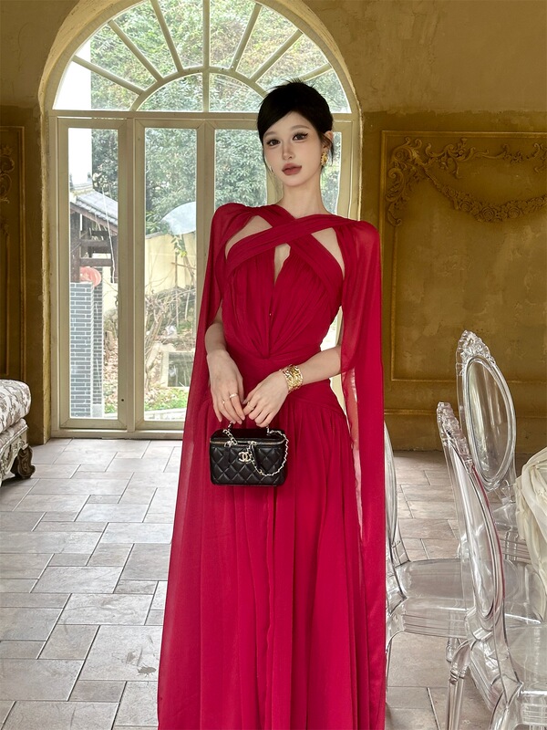 In Stock! French Retro Style Sexy Backless Dress with Flowing Greek Draping, Suitable for Parties and Vacations