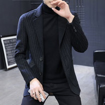 Double-sided cashmere coat casual suit mens high-end fashion autumn and winter stripes small suit wool coat trend