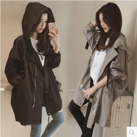 Áo gió trùm đầu mùa thu nữ 2018 mới của sinh viên Hàn Quốc bf rộng kích thước lớn hoang dã phần dài áo khoác ngoài áo ấm nữ