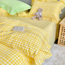 ins girl heart yellow plaid water washing cotton bed four-piece princess style lace cotton cotton quilt cover spring and summer