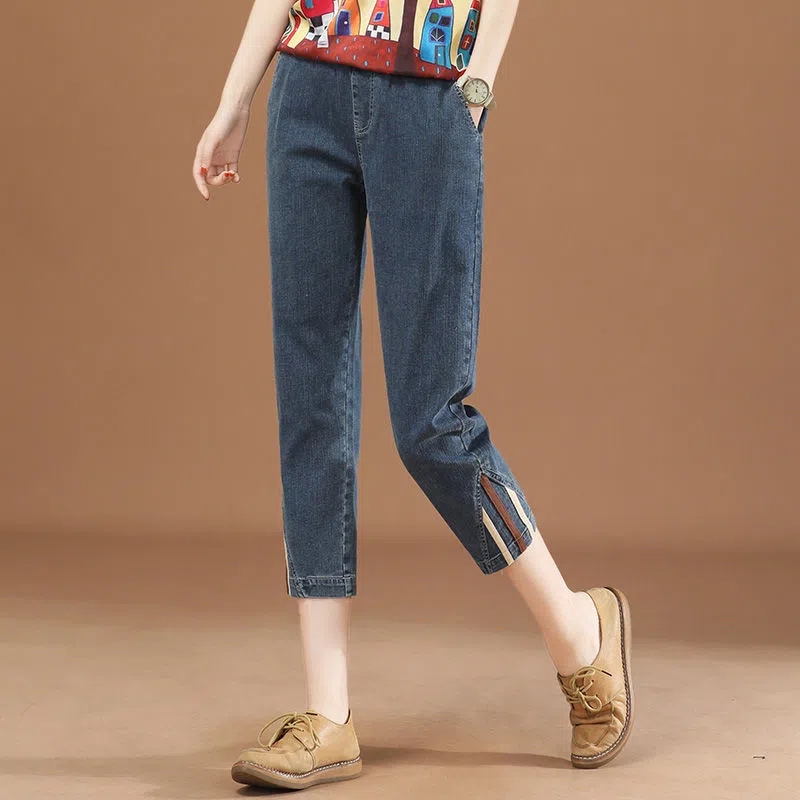 Summer Thin Denim Capri Pants for Women with Elastic Waist, Loose Fit, Petite Height-Enhancing, Embroidered Harem Carrot Pants