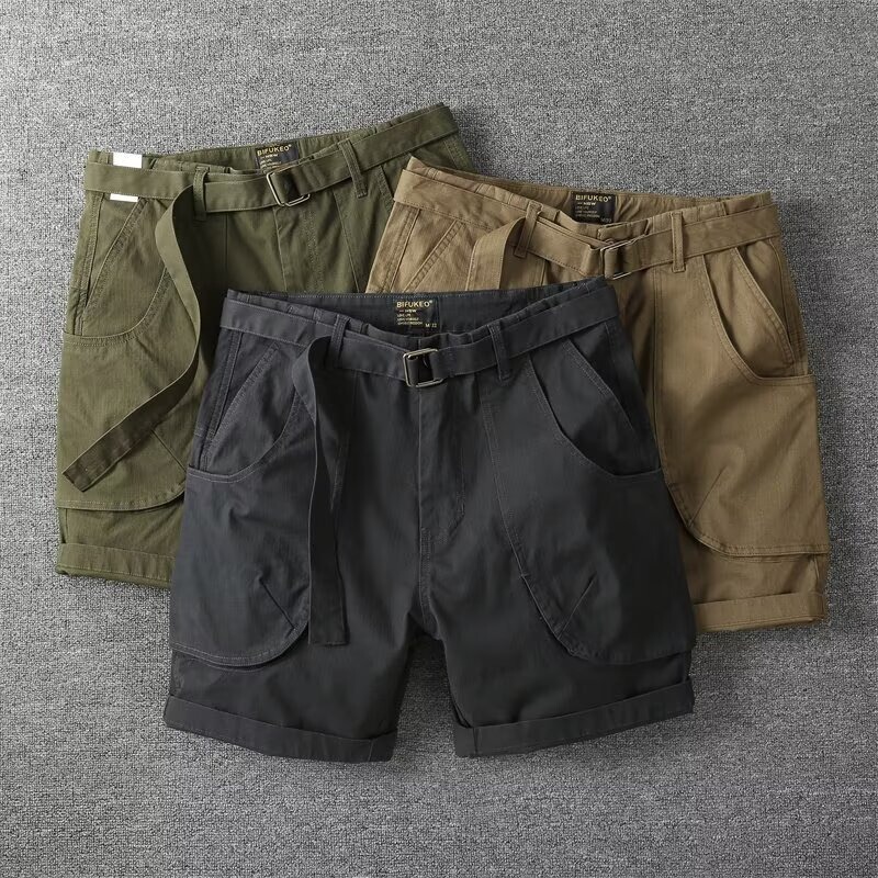 American Retro Work Shorts for Men with Large Pockets, Three-Quarter Length, Pure Cotton, Casual High Street Loose Ultra-Short Shorts