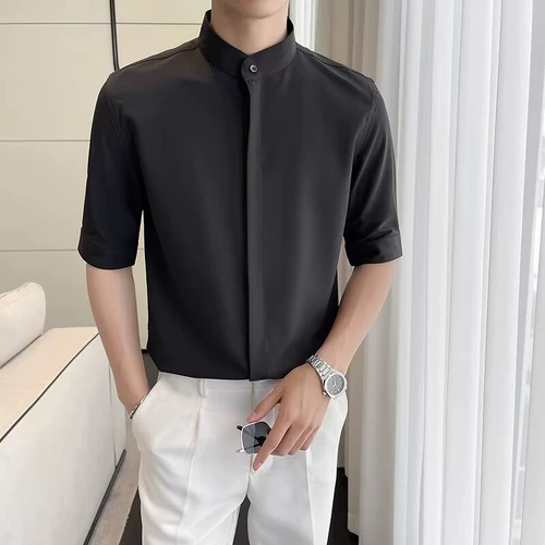 Летняя элитная шелковая рубашка, китайский стиль, облегающий крой, высокий воротник