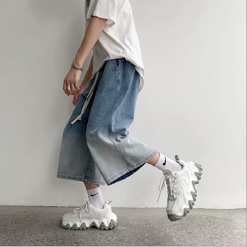 Gradient Denim Shorts Trendy Men's Summer Thin Loose Straight-Leg Cropped Shorts Hong Kong Style Versatile Wide-Leg Pants
