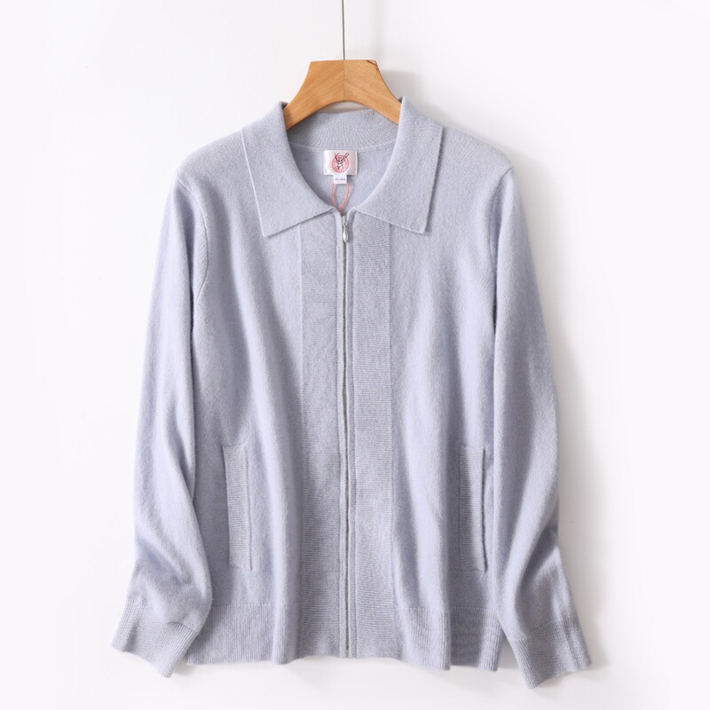 Luwang Women's Turn-Down Collar Pure Cashmere Zipper Cardigan Autumn Versatile Warm Casual Simple Knitted Sweater Jacket