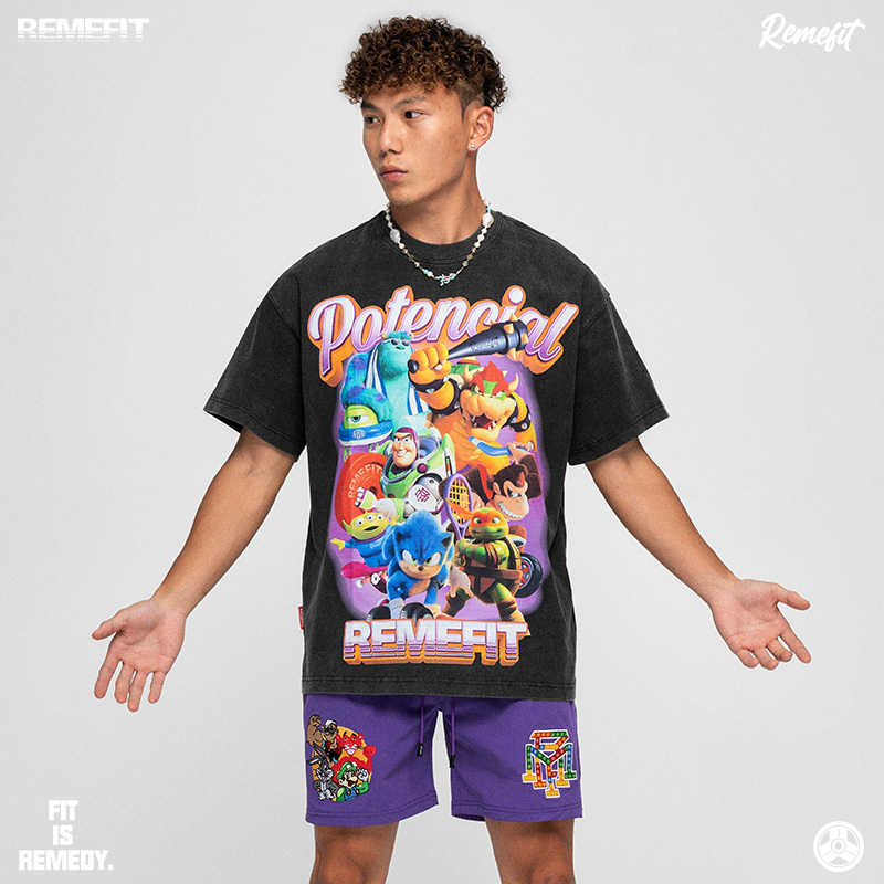 Remefit 6.1 Limited Edition "Potential" Muscle Cartoon Character Heavy Washed Short-Sleeve T-Shirt