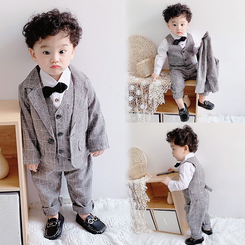 Children's suit birthday suit Western style baby one-year-old dress flower boy boy suit thin summer style British plaid autumn