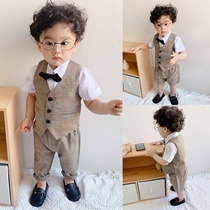 Childrens plaid suit boys birthday dress baby handsome British flower girl suit baby suit summer tide