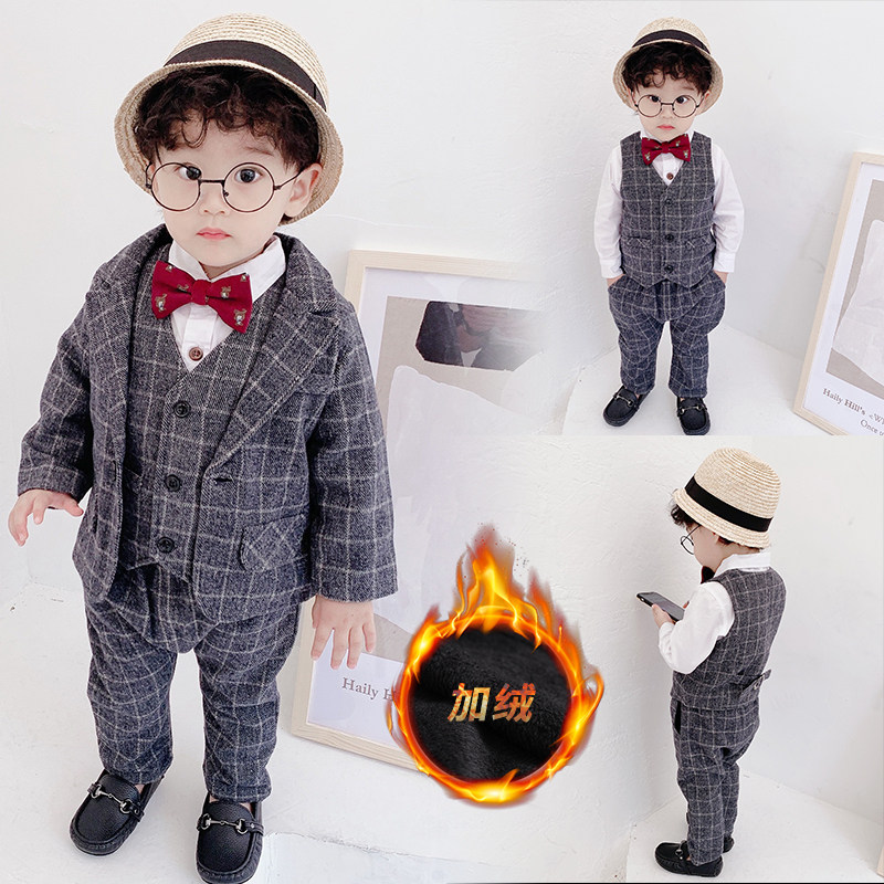 Boy-one-year-old suit autumn and winter handsome suit baby age gown Inn wind thickened and gushed flower suit tide