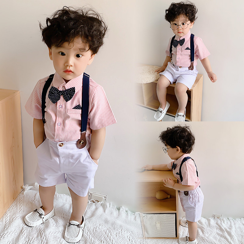 Boy flower children's suit for summer dress 1 year birthday dress children short sleeve bag pants suit 3 gentleman suit