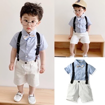 Boys short-sleeved suit summer baby English gentlemans dress baby strap pants catch Zhou suit flower boy suit tide