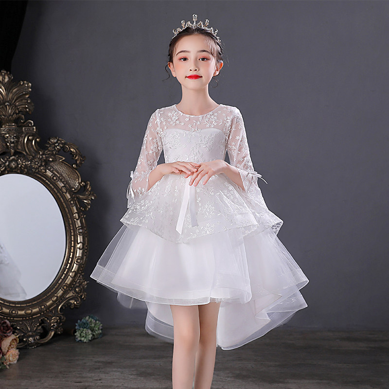 Children's swallowtail dress girls short front and long back dress ten-year-old birthday princess dress foreign style trailing white gauze dress dress