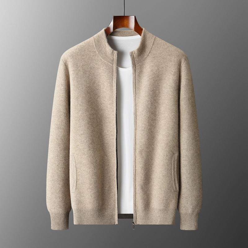 Autumn and Winter New Pure Cashmere Half-High Collar Zipper Cardigan Men's Thickened Knitted Jacket Sweater Casual Top