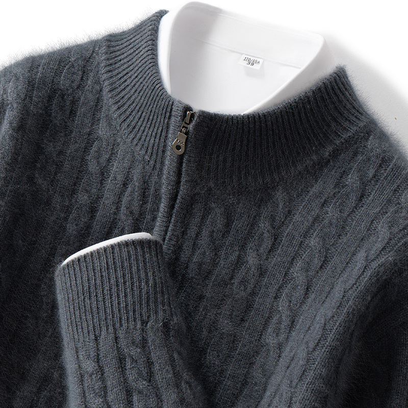 New Autumn and Winter 100% Pure Cashmere Sweater for Men, Half-High Collar, Zip-Up Pullover, Thickened Cable Knit Sweater, Business Base Layer