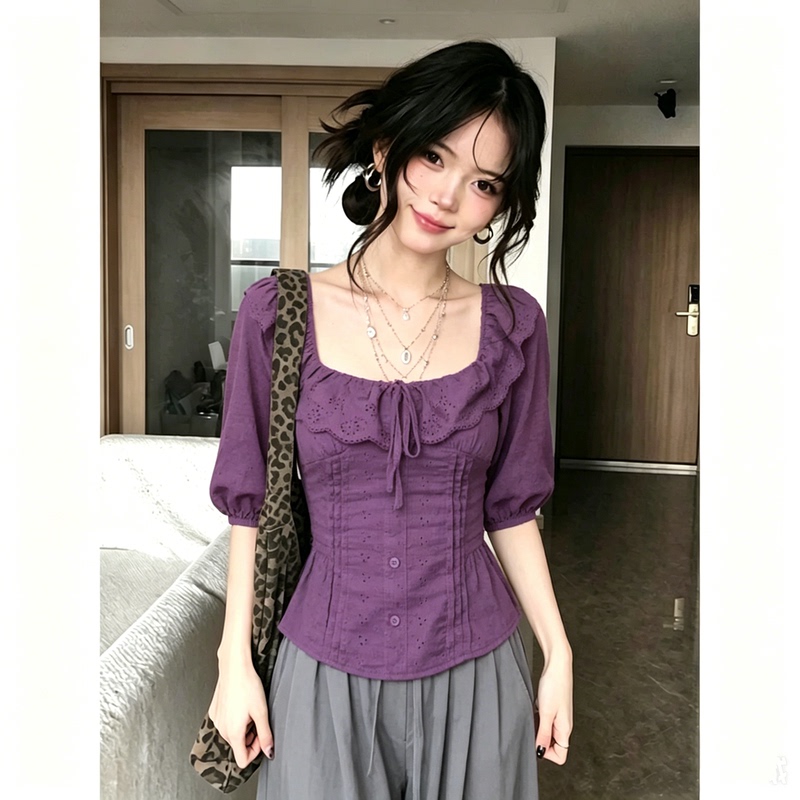 Plus-Size French-Style Ruffled Puff Sleeve Shirt for Women, Summer Design with a Waist-Cinching Effect, Slimming and Stunning Top