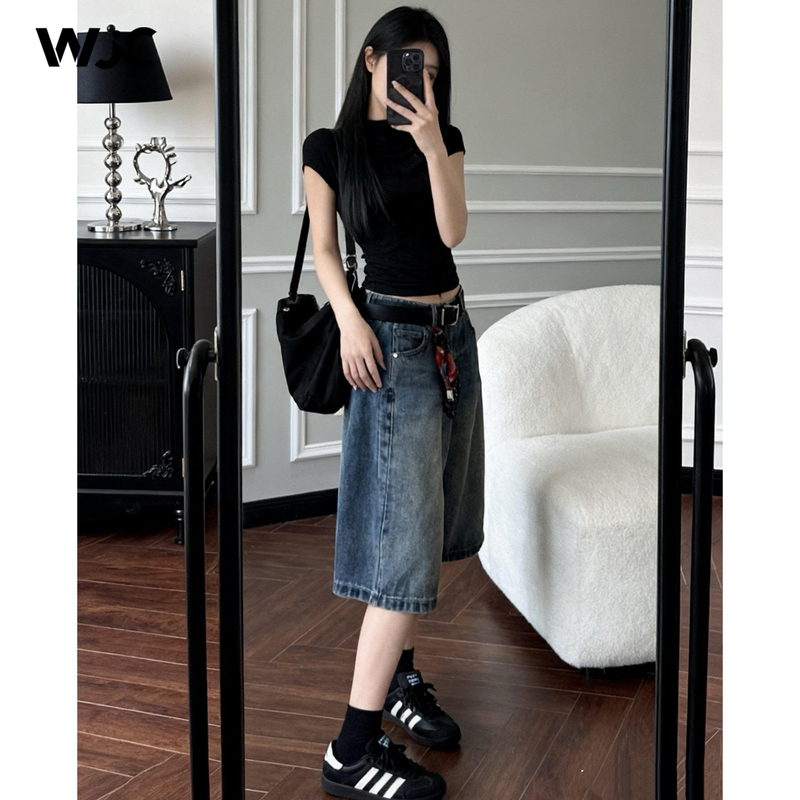 American Retro Denim Shorts for Women, Five-Point Length, Summer 2026 New Style, Loose, Slimming, Casual, Relaxed Wide-Leg Pants