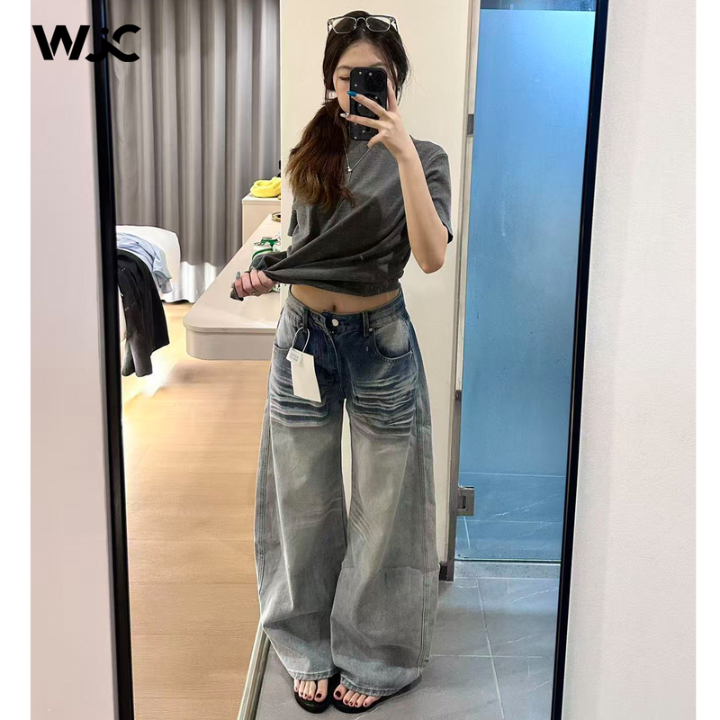 Light Blue Vintage Washed Scimitar Jeans for Women, 2026 Summer New Style, Low-Waist Slimming American-Style Loose Wide-Leg Pants