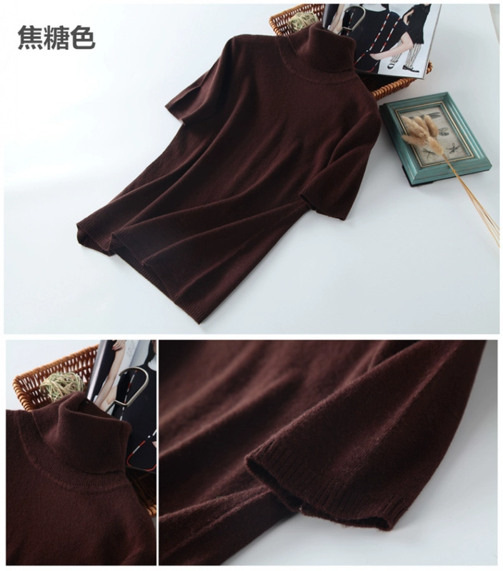 Phụ nữ mới cao cổ cashmere cashmere tay áo ngắn Áo thun cashmere một nửa tay áo màu rắn chạm đáy áo len dệt kim - Đan Cardigan