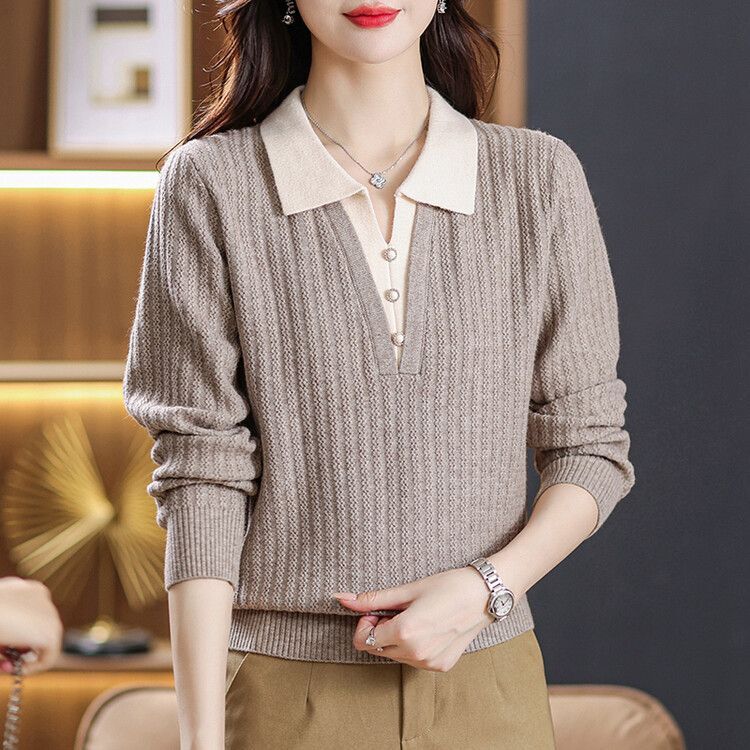 Fake Two-Piece Polo Collar Knit Sweater for Women, New Autumn and Winter Style, Loose Fit, Slimming Pullover, Versatile Long-Sleeve Top Fake Two-Piece Polo Collar Knit Sweater for Women, New Autumn and Winter Style, Loose Fit, Slimming Pullover, Versatile Long-Sleeve Top