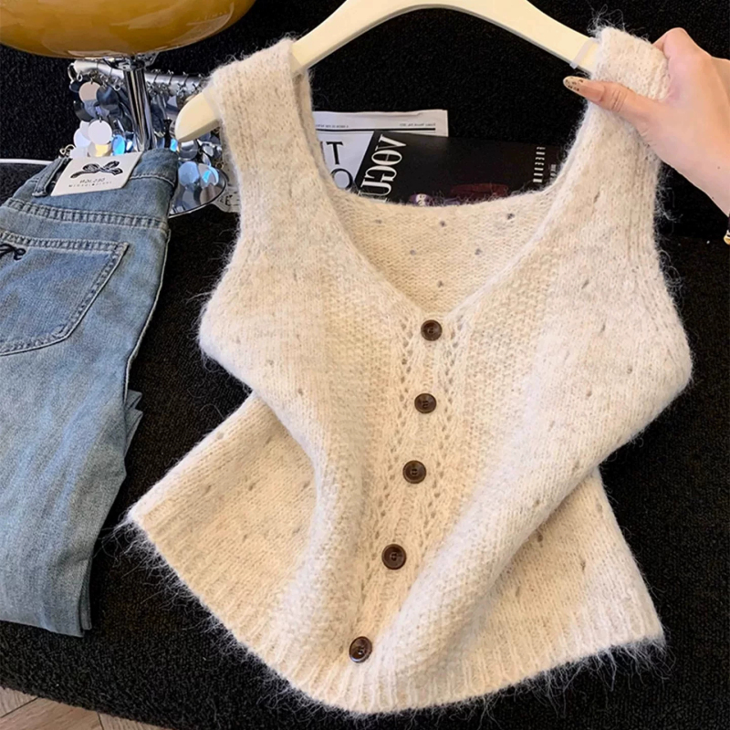 French Sweet Style Soft and Cozy V-Neck Knitted Cardigan Vest for Women, New Autumn and Winter Sweater Vest, Sleeveless Top for Layering French Sweet Style Soft and Cozy V-Neck Knitted Cardigan Vest for Women, New Autumn and Winter Sweater Vest, Sleeveless Top for Layering