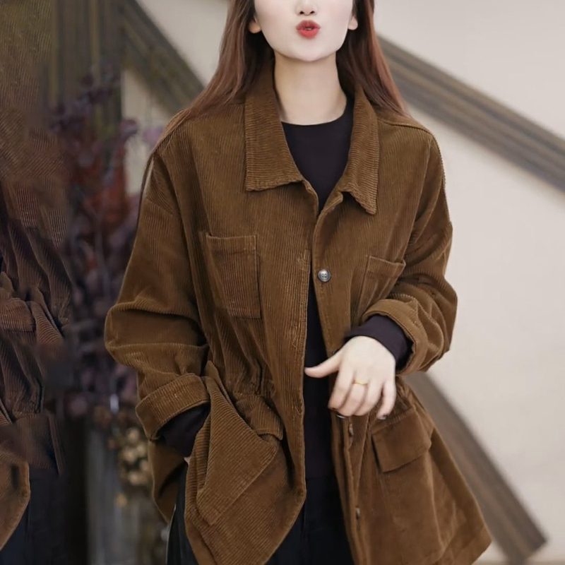 Retro Commuter Style Brown Corduroy Jacket for Women, Loose Lapel Long-Sleeved Large Size Mid-Length Cardigan Fashion Top Retro Commuter Style Brown Corduroy Jacket for Women, Loose Lapel Long-Sleeved Large Size Mid-Length Cardigan Fashion Top