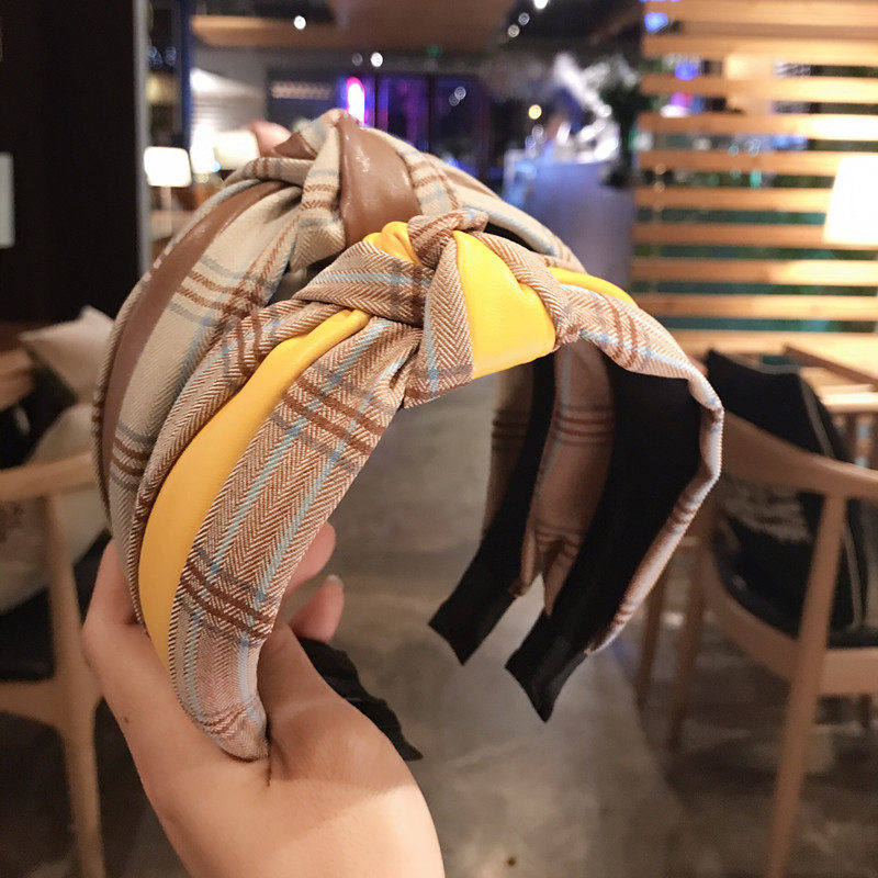 Korean version of the new simple PU leather stitching middle knotted hair hoop hair clip hair accessories plaid pressed hair temperament face wash headband