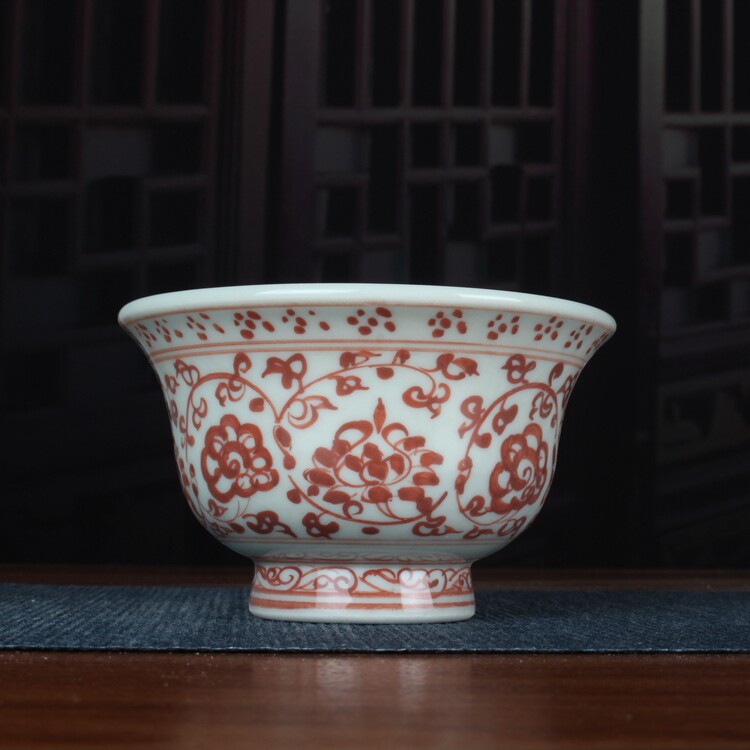 Ming Yongle glazed in red pressure hand cup hand painted tangle of branches lotus tea and antique ceramic ware imitation ancient goods collection-Taobao