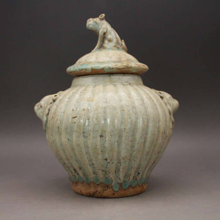 Northern Song Dynasty Longquan kiln grey blue glaze carved pattern dog head lid jar Antique antique ceramic collection antique porcelain ornament