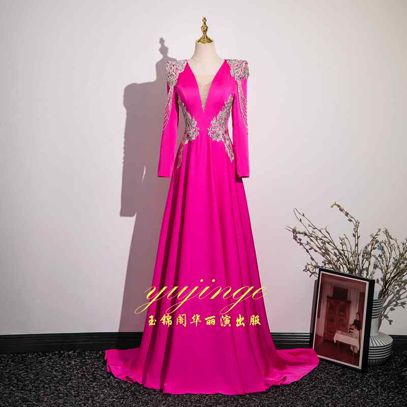 Real Shot of Performance Attire: Rose Red V-Neck Slimming Long Dress for Host, Art Exam, Bel Canto Solo Stage Dress Real Shot of Performance Attire: Rose Red V-Neck Slimming Long Dress for Host, Art Exam, Bel Canto Solo Stage Dress