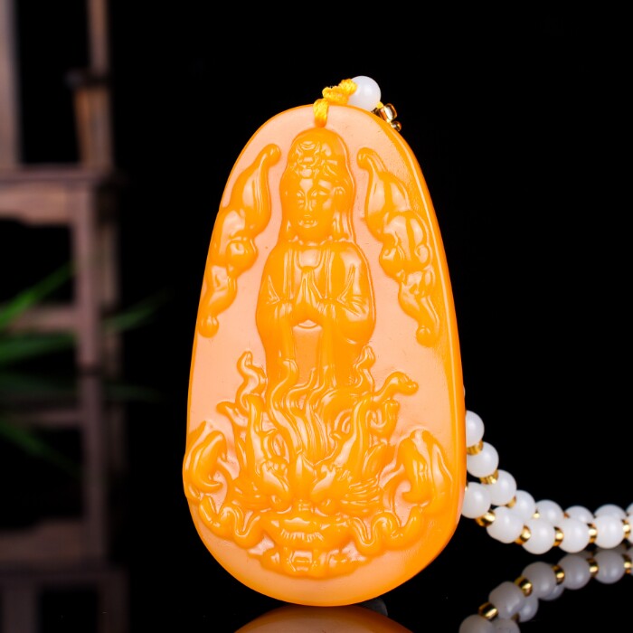 Natural yellow dragon jade Guanyin pendant male style bully riding dragon Guanyin card Jade pendant raw Xiao Long male and female Yupei pendant