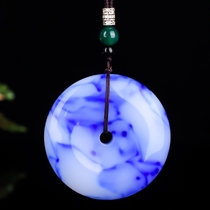 Xinjiang Hetian jade blue and white jade flat buckle natural color pendant pendant blue and white jade large safety buckle handlebar