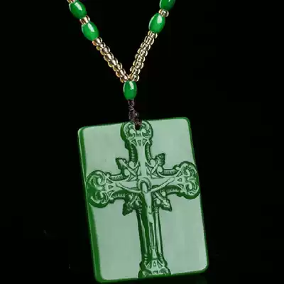 Natural Xinjiang Hetian jade cross pendant men and women jasper spinach green Jesus personality pendant necklace