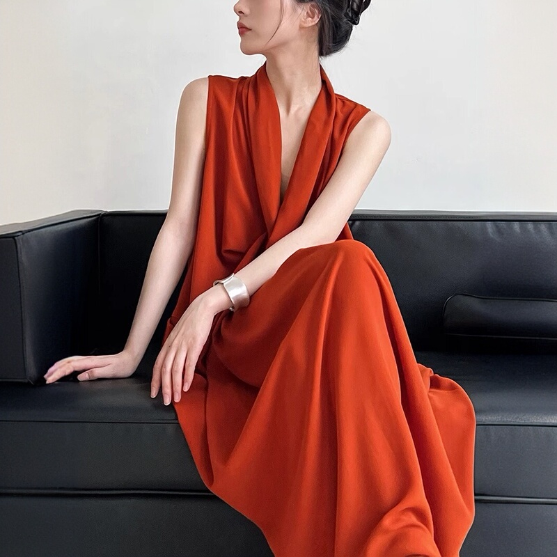 French V Neck Sleeveless Asymmetrical Dress for Women in Summer, High-End Ladylike Elegant Red Sexy Loose Long Dress