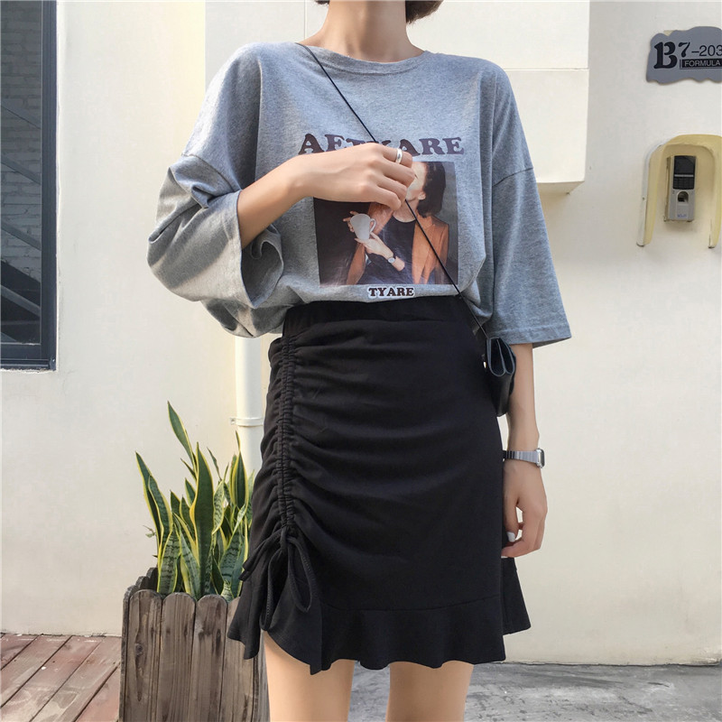 Mùa hè 2019 Hàn Quốc với cùng một bên váy dây rút xù váy chống ánh sáng lót váy thun eo - Váy váy jean ngắn
