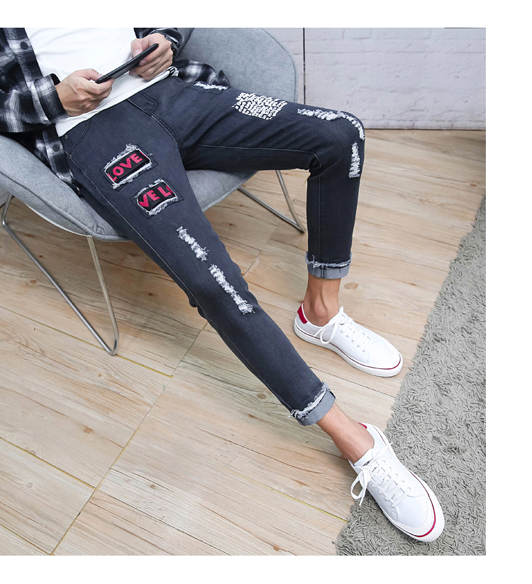 Mùa thu co giãn chín điểm quần jeans nam phiên bản Hàn Quốc của quần yếm trẻ tự diện xu hướng quần áo nam 9 điểm quần nam quần jean nam ống suông