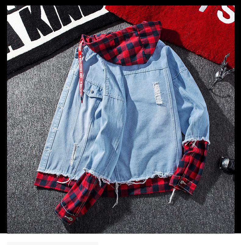 Áo khoác denim mùa thu nam phiên bản Hàn Quốc của đồng phục bóng chày thanh niên tự tu nam xu hướng áo khoác kẻ sọc mùa xuân và mùa thu - Cao bồi quần thể thao