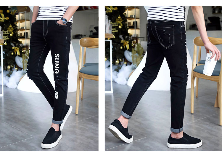 Mùa thu lỗ đen chín điểm quần jeans nam Phiên bản Hàn Quốc của quần lọt khe quần thủy triều quần nam Quần nam 9 điểm quần ống rộng nam