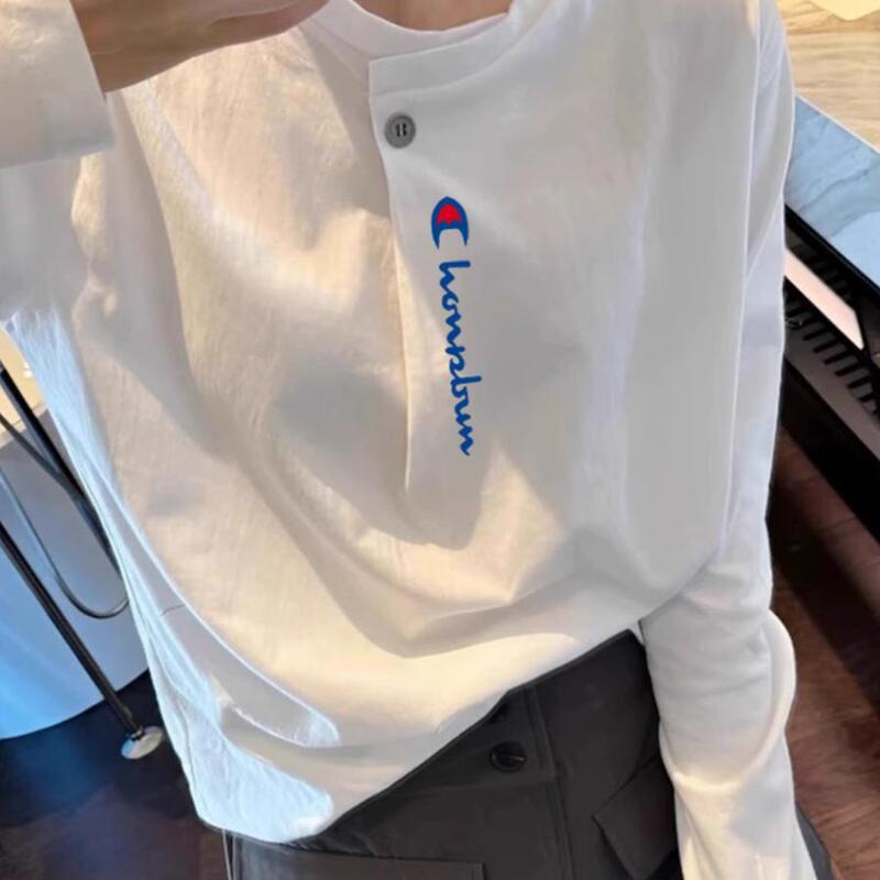 Selling Cute Champion Early Spring New One-Button White Long-Sleeved T-Shirt Women's Fashionable Casual Loose Thin Bottoming Top