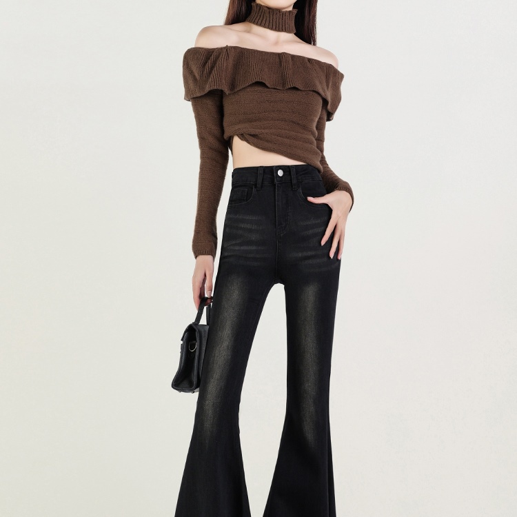 Petite-Friendly Pants with Fishtail Flared Heels and High Heels Paired with Jeans, Women's Retro Black Frayed Hem Micro-Flared Floor-Length Petite-Friendly Pants with Fishtail Flared Heels and High Heels Paired with Jeans, Women's Retro Black Frayed Hem Micro-Flared Floor-Length