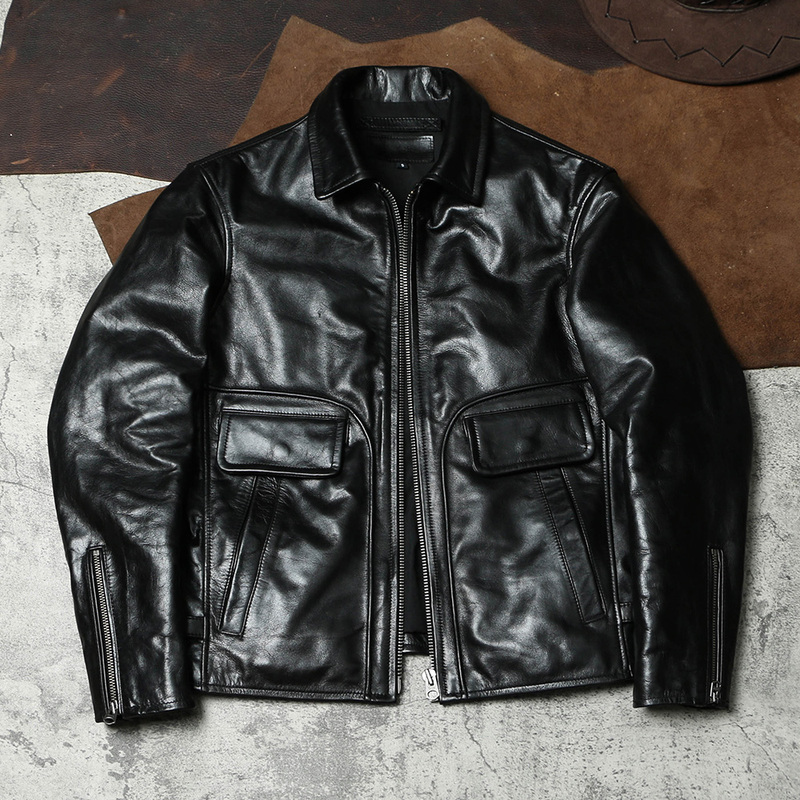 Replica Vanson Vintage Leather Jacket, Men's Short Biker-Style Leather Jacket with Lapel, Wax-Dyed Vegetable-Tanned Horse Leather for Autumn Replica Vanson Vintage Leather Jacket, Men's Short Biker-Style Leather Jacket with Lapel, Wax-Dyed Vegetable-Tanned Horse Leather for Autumn