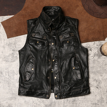 Washed wrinkled workwear leather vest mens sleeveless leather vest soft thin goatskin motorcycle outdoor vest