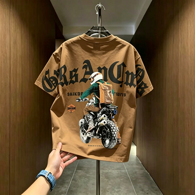 Summer New Style Cartoon Motorcycle Print Short-Sleeved T-Shirt for Men, Trendy Brand Fashion Pure Cotton Versatile Casual Top