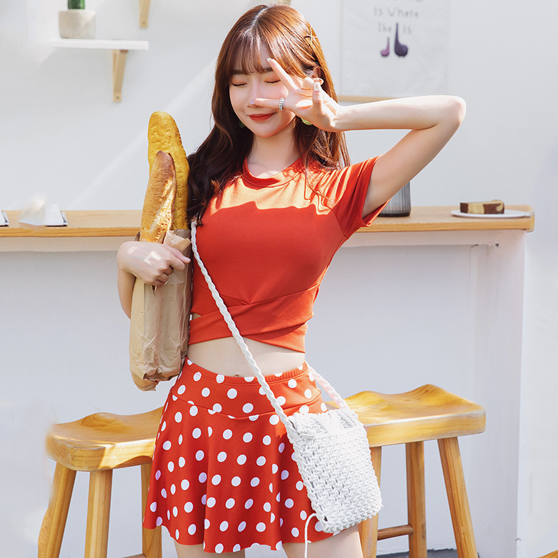 2020 new swimsuit woman two-piece two sets Korean version student conservative small scent wind display slim flat corner skirt spa beach