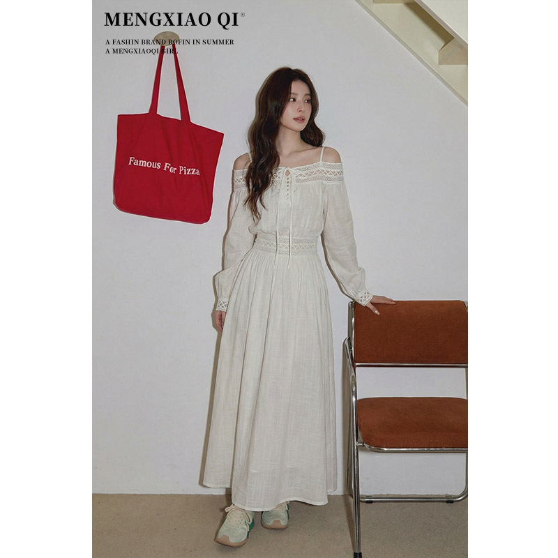 Meng Xiaoqi V-Neck Long-Sleeve Dress for Women, Spring French Style, Waist-Cinching with Tie Design, Embroidered, Slimming Long Dress