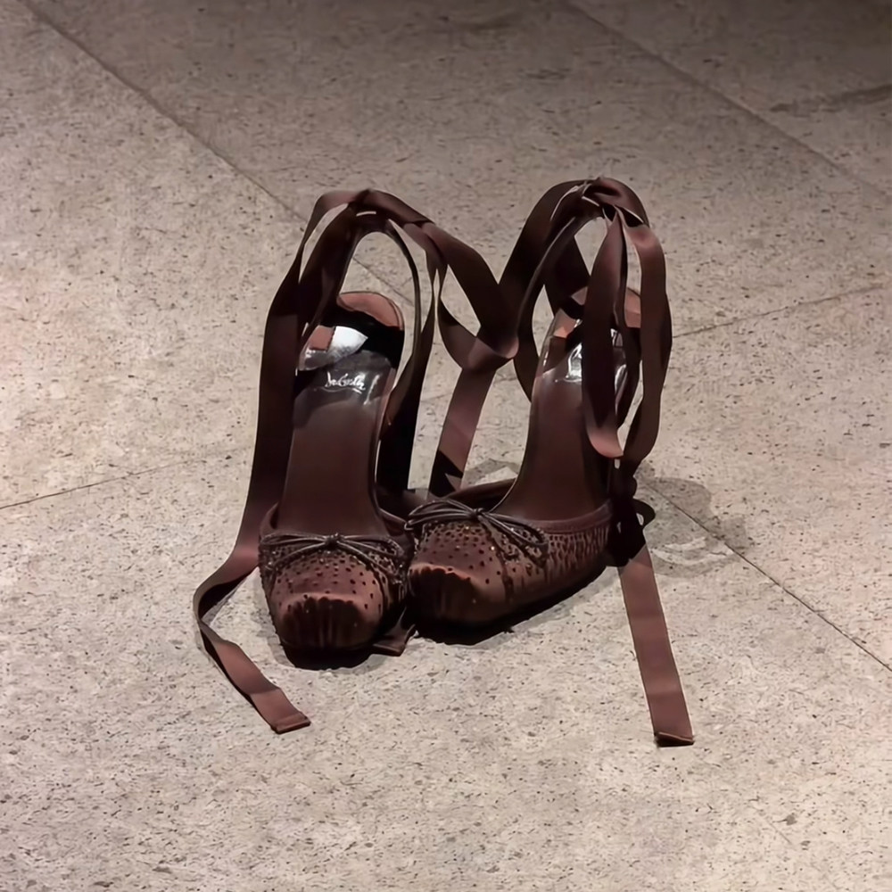 2026 New Ballet High Heels Women's Stiletto Heels with Lace-up Bows, Square Toe, Closed Toe, Rhinestone Sandals