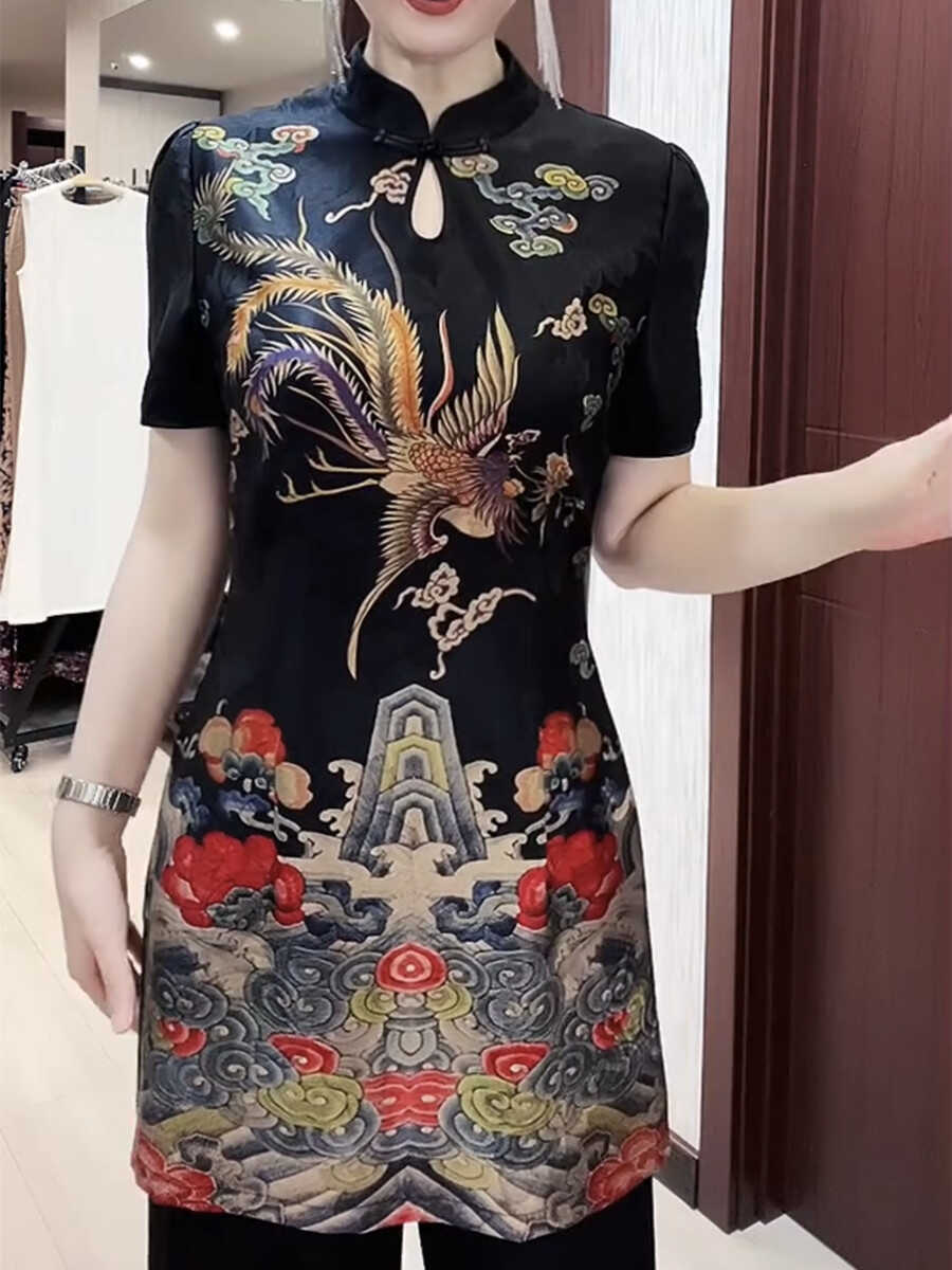 中国風プリントの改良されたチャイナドレスのミドル丈トップス、女性用夏用新レトロスタイルアオザイシャツ