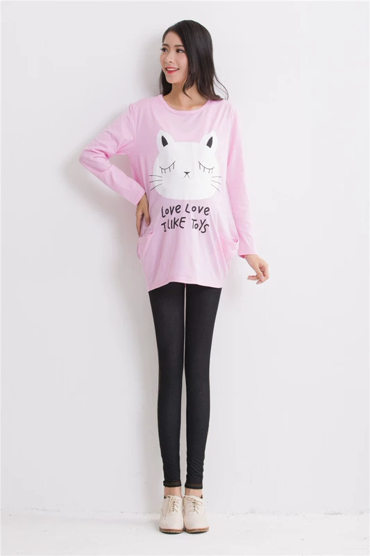Đầm mới cho bà bầu thời trang Áo thun mùa xuân và mùa thu dài tay cỡ lớn Áo sơ mi cotton nữ Hàn Quốc