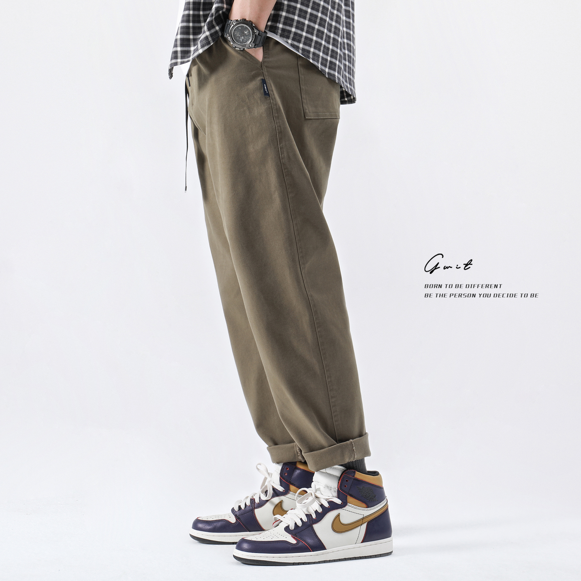 GWIT day silk PIMA Peruvian cotton spring autumn new American loose straight cylinder long pants small foot tooling casual pants man
