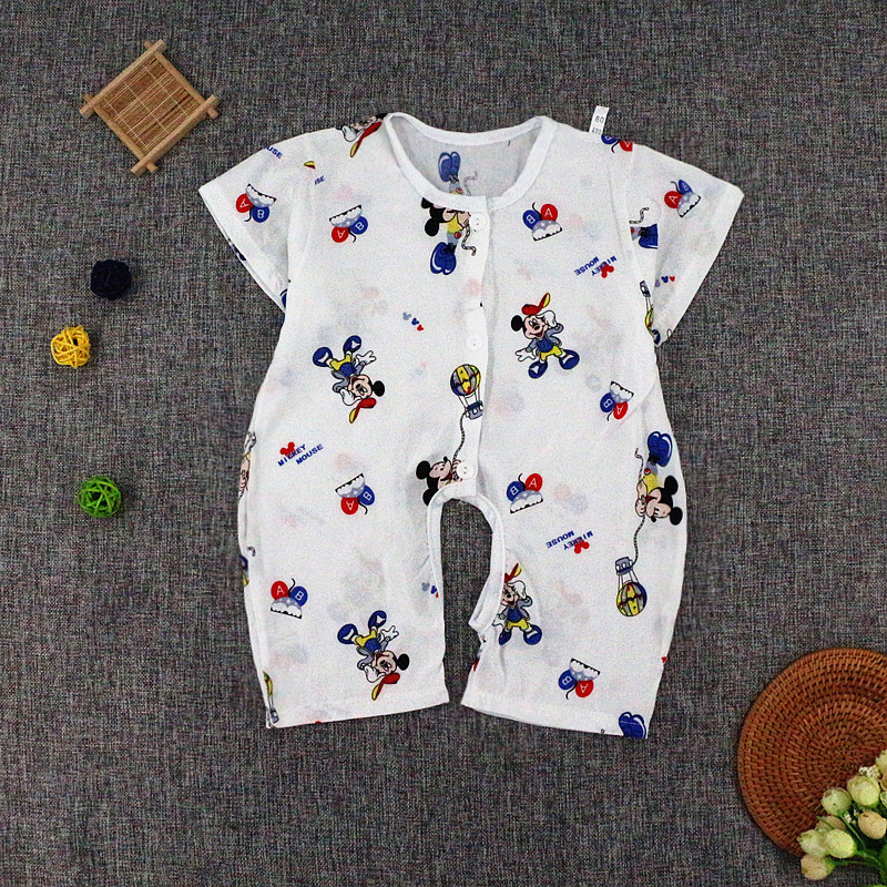 Bé bông lụa jumpsuit mùa hè ngắn tay mở bé phần mỏng 0-3-6-12 tháng sơ sinh cotton lụa quần áo